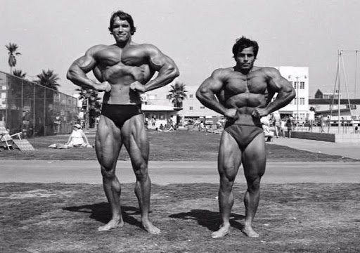 Arnold and Franco Columbu both are giving pose