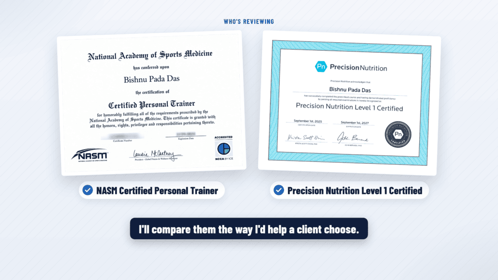 NASM Certified Personal Trainer and Precision Nutrition Level 1 certificates of Bishnu Pada Das