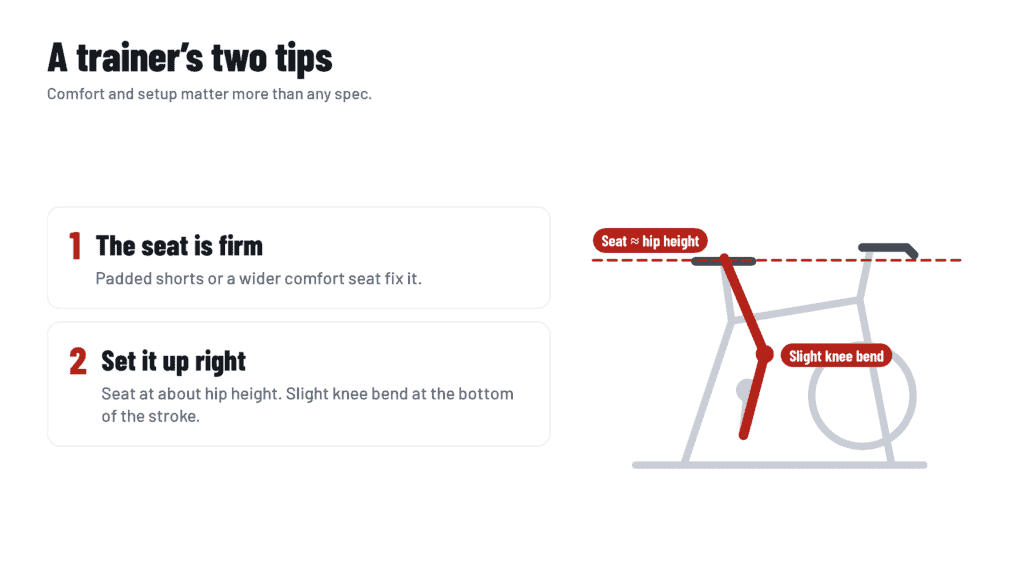 How to set up the Schwinn IC4: seat at hip height with a slight knee bend