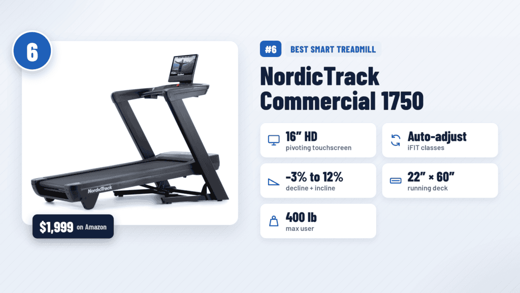 NordicTrack Commercial 1750 with 16-inch touchscreen, best smart treadmill